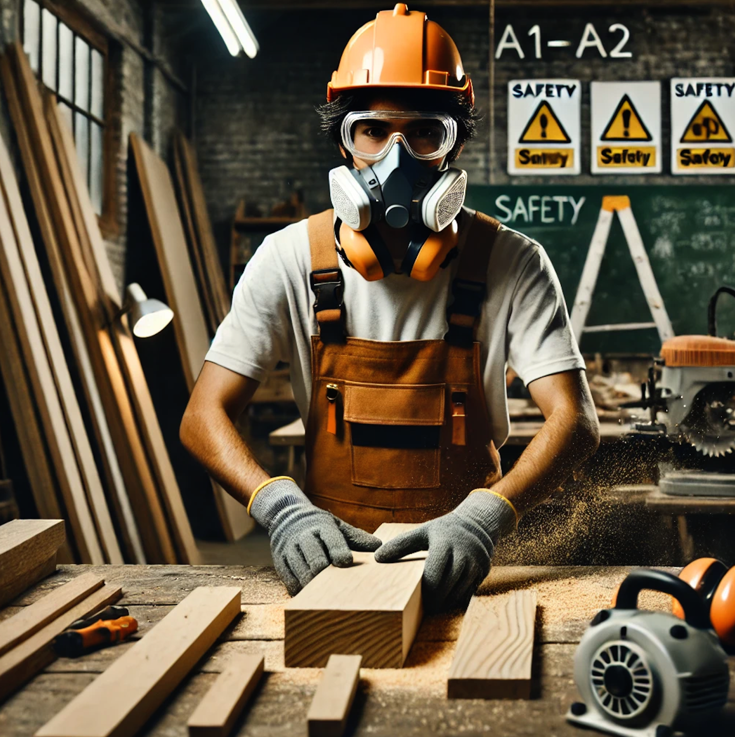 Das Bild zeigt eine Person mit Schutzkleidung, während sie mit Holz arbeitet.