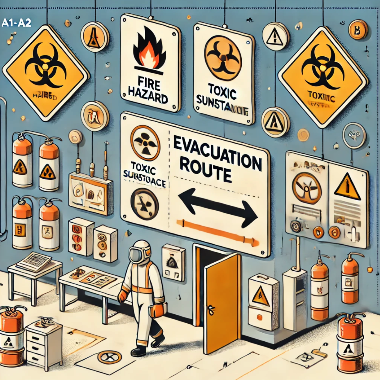Das Bild zeigt verschiedene Sicherheitssymbole und eine Evakuierungsroute in einer Werkstattumgebung