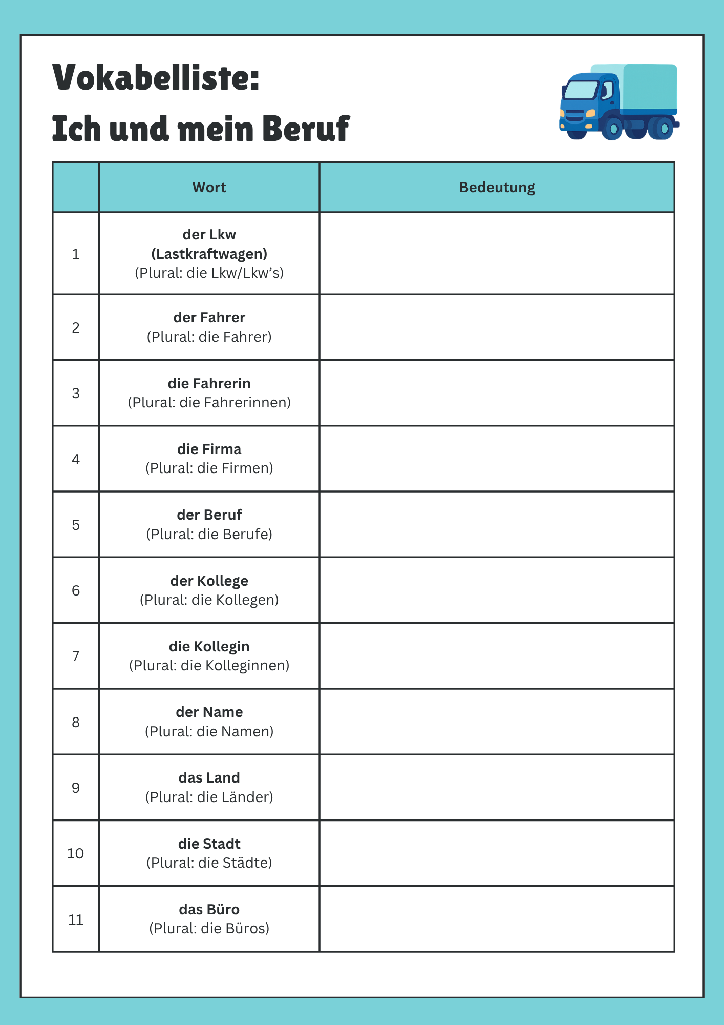 Vokabelliste für Lektion 1. Seite 1.