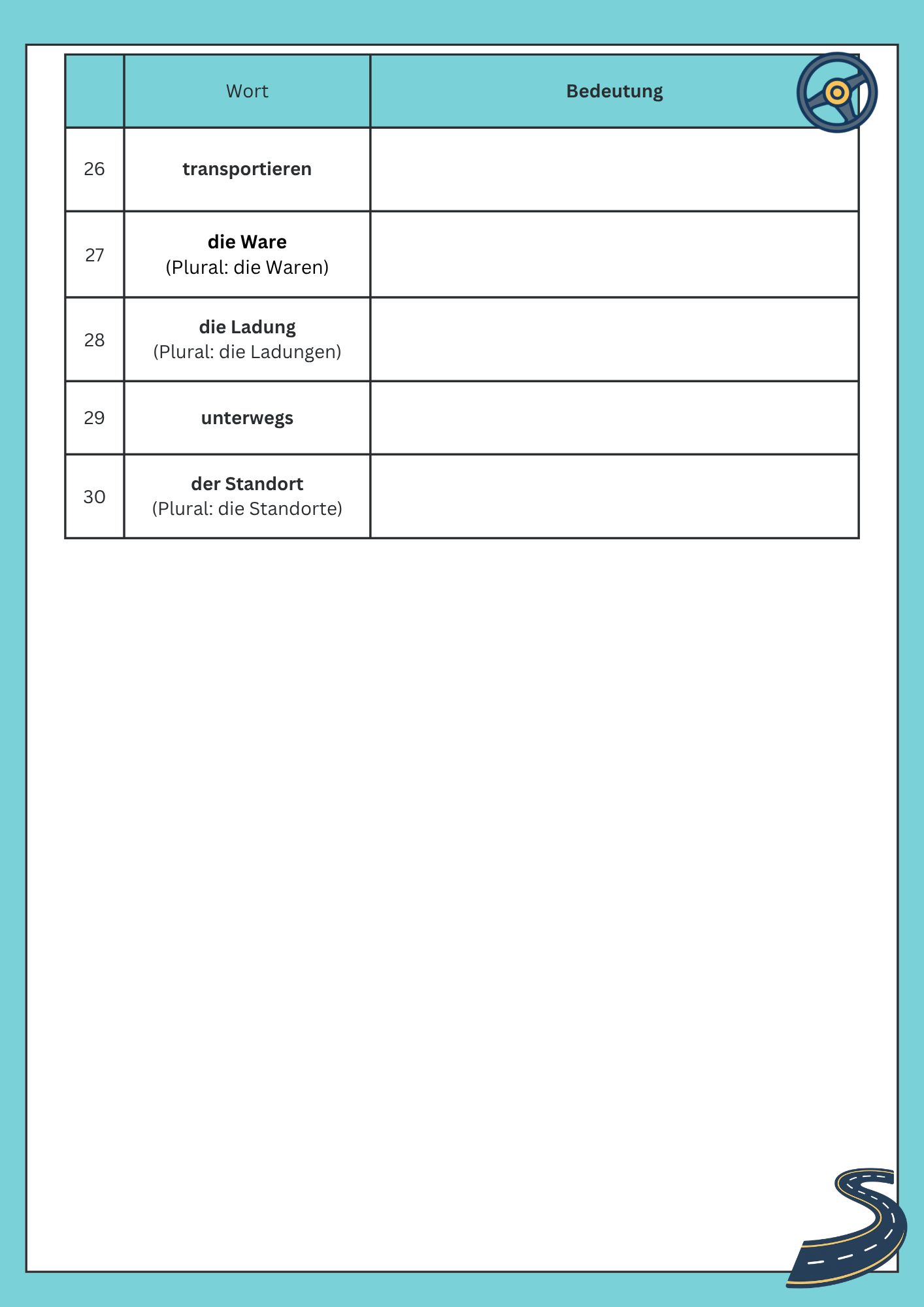 Vokabelliste für Lektion 1. Seite 3.