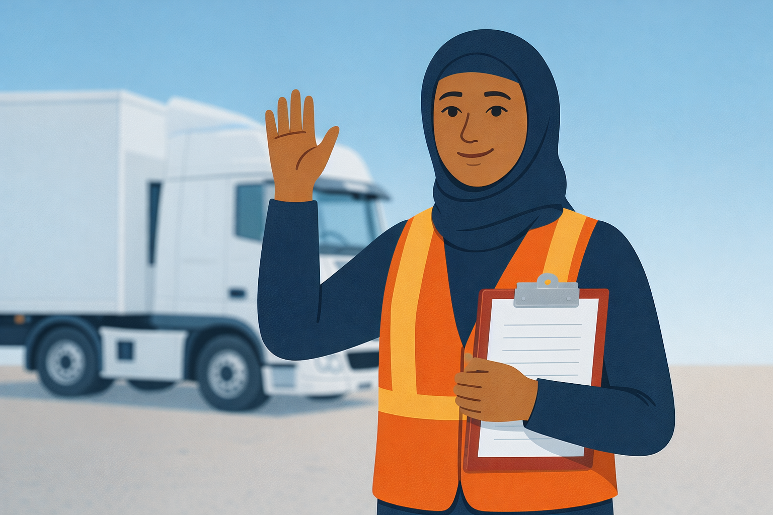 LKW-Fahrerin, die ein Dokument in der Hand hält und winkt.